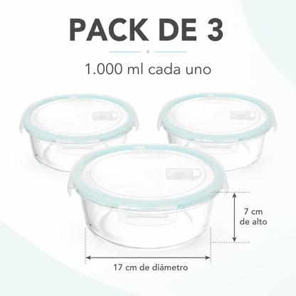 Pack de 3 recipientes de 1.000 ml, 17 cm de diámetro y 7 cm de alto
