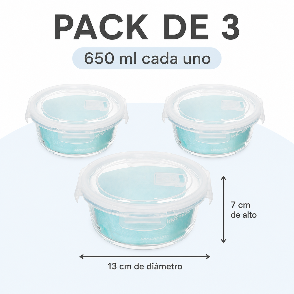 Pack de 3 recipientes de 650 ml, 13 cm de diámetro y 7 cm de alto