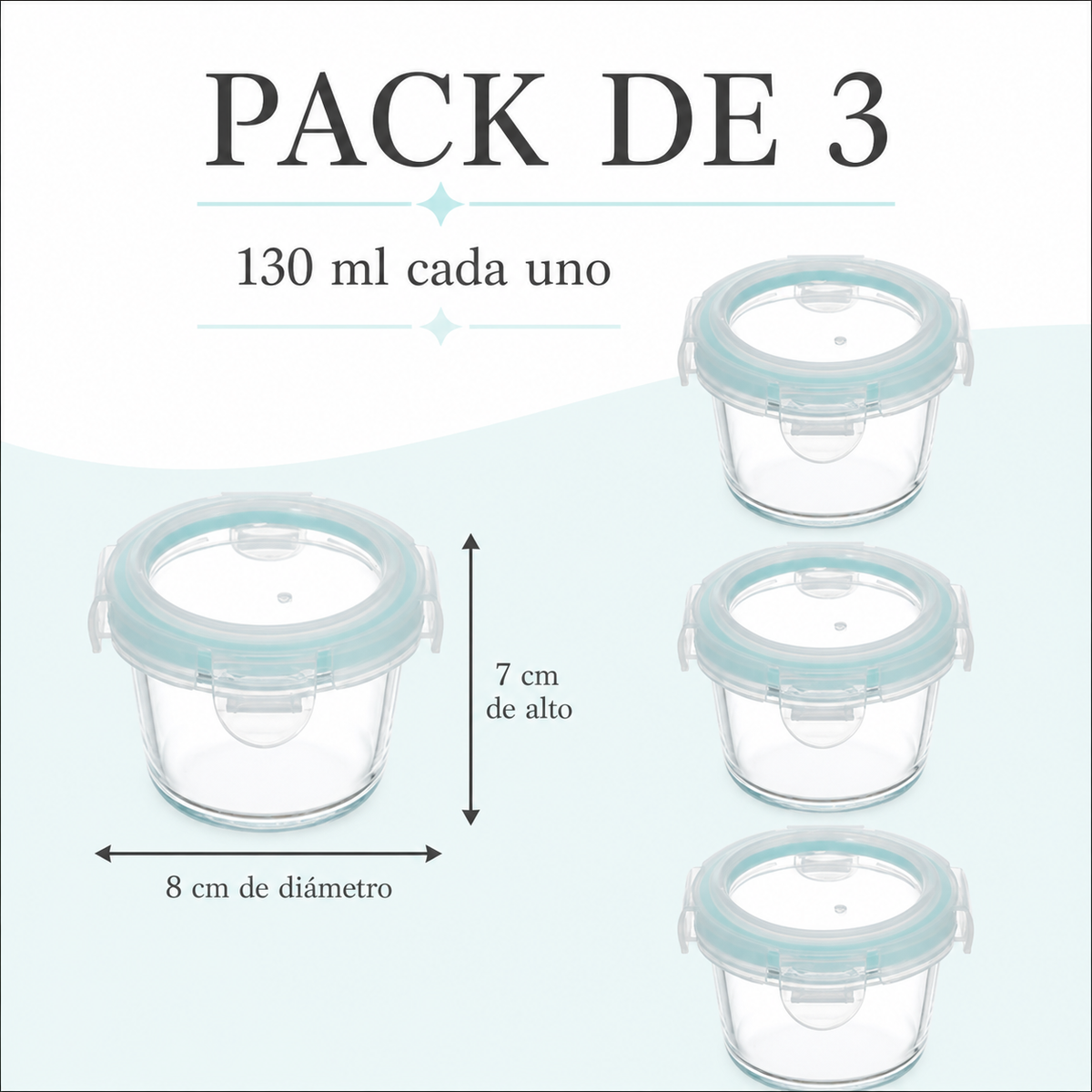 Pack de 3 recipientes de 130 ml, 8 cm de diámetro y 7 cm de alto