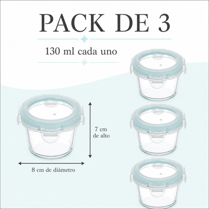 Pack de 3 recipientes de 130 ml, 8 cm de diámetro y 7 cm de alto