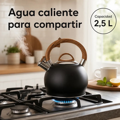 Tetera Acero Inoxidable Con Silbato 2,5lts Manilla De Madera
