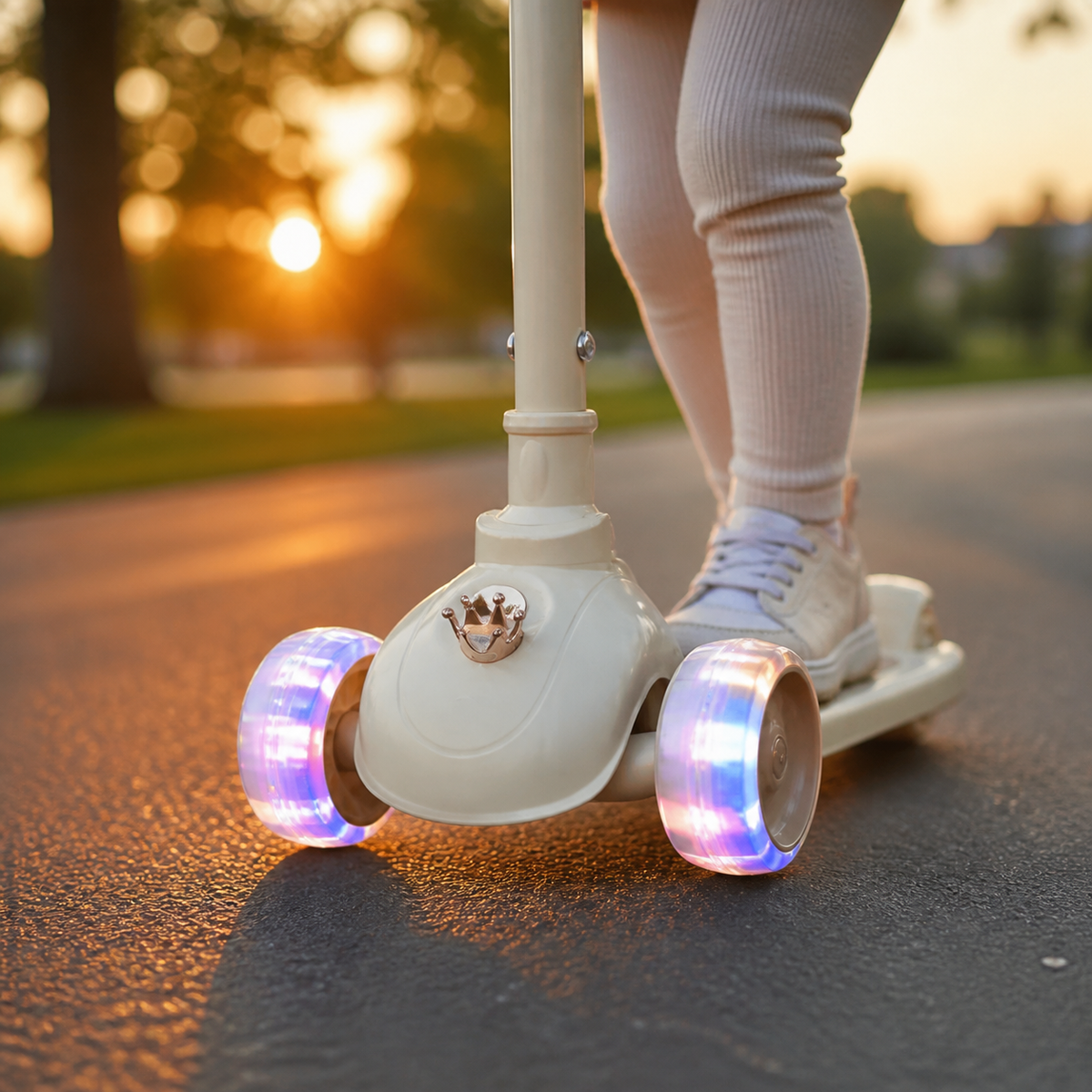 Ruedas de silicona con luces del scooter infantil en movimiento