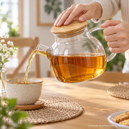 Tetera De Vidrio 1 Litro Con Tapa De Bambú Y Filtro