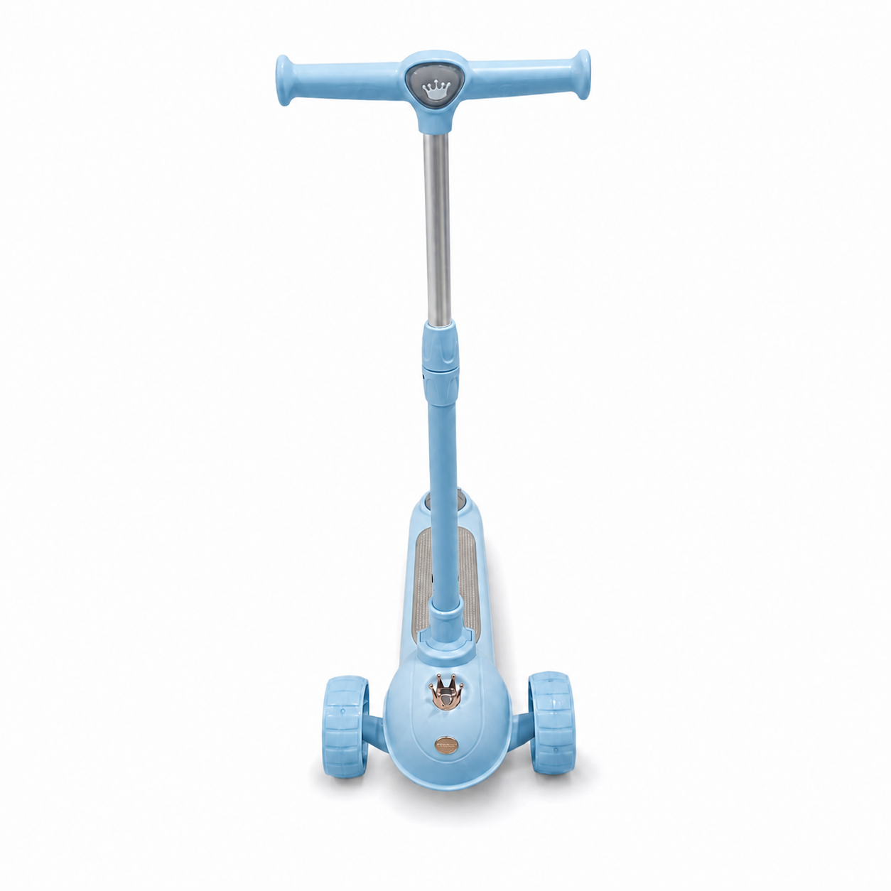 Scooter infantil plegable azul de 3 ruedas sobre fondo blanco