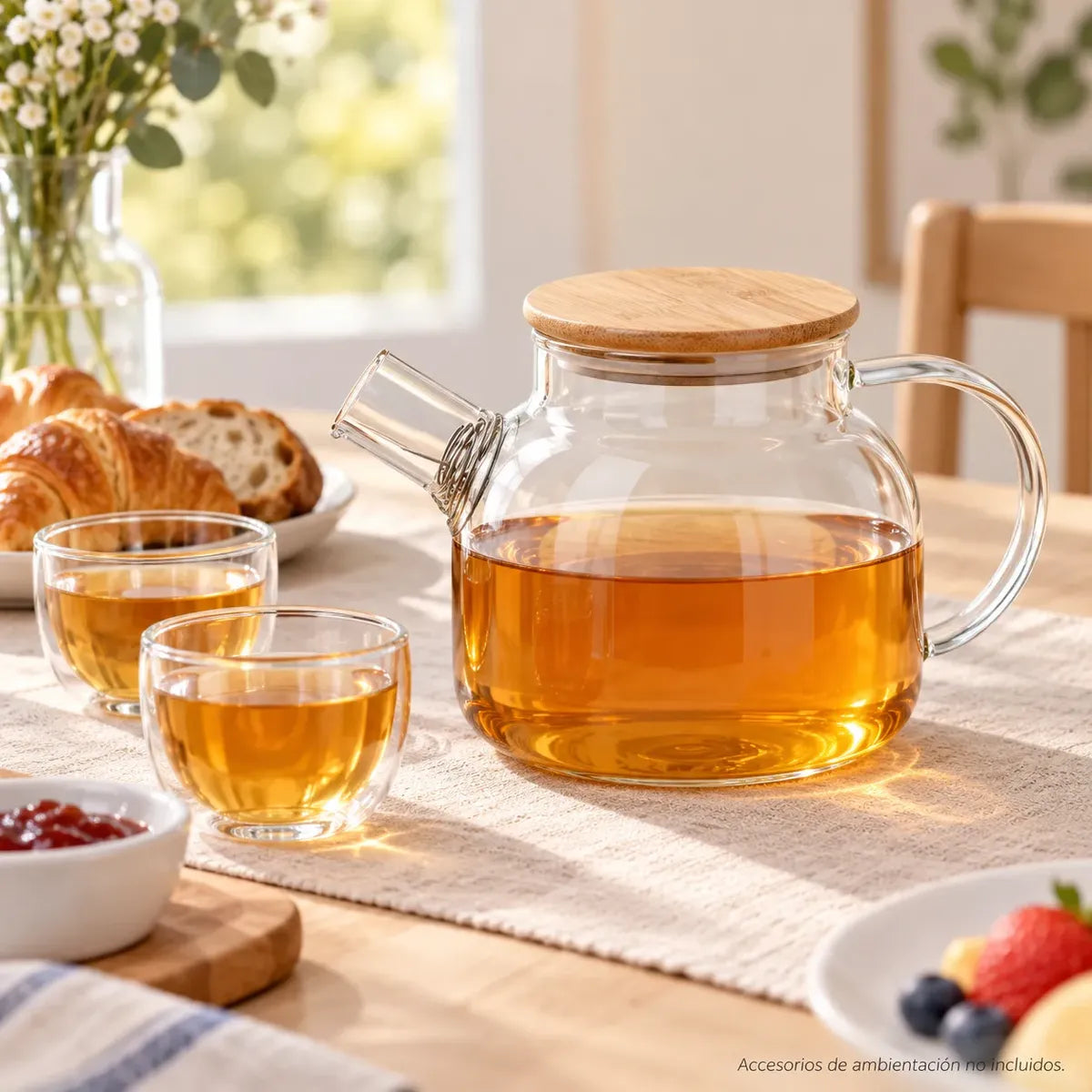 Tetera De Vidrio 1 Litro Con Tapa De Bambú Y Filtro