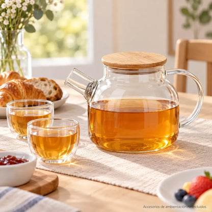 Tetera De Vidrio 1 Litro Con Tapa De Bambú Y Filtro