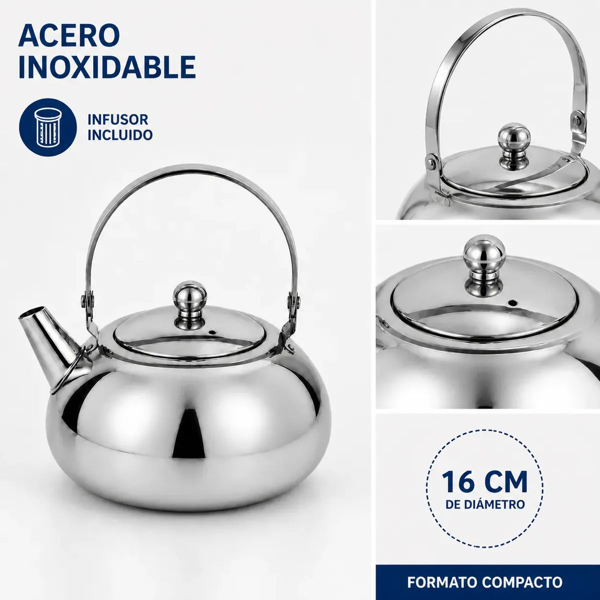 Tetera Infusora Acero Inoxidable 16cm Té Mate Cocina