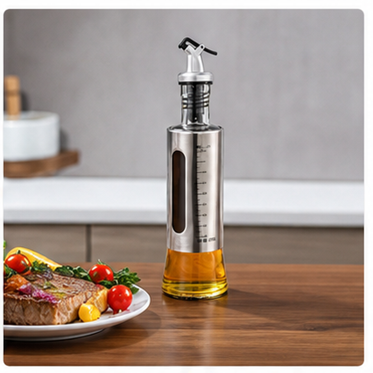 Aceitero de Vidrio y Acero Inoxidable 300 ml - medidas