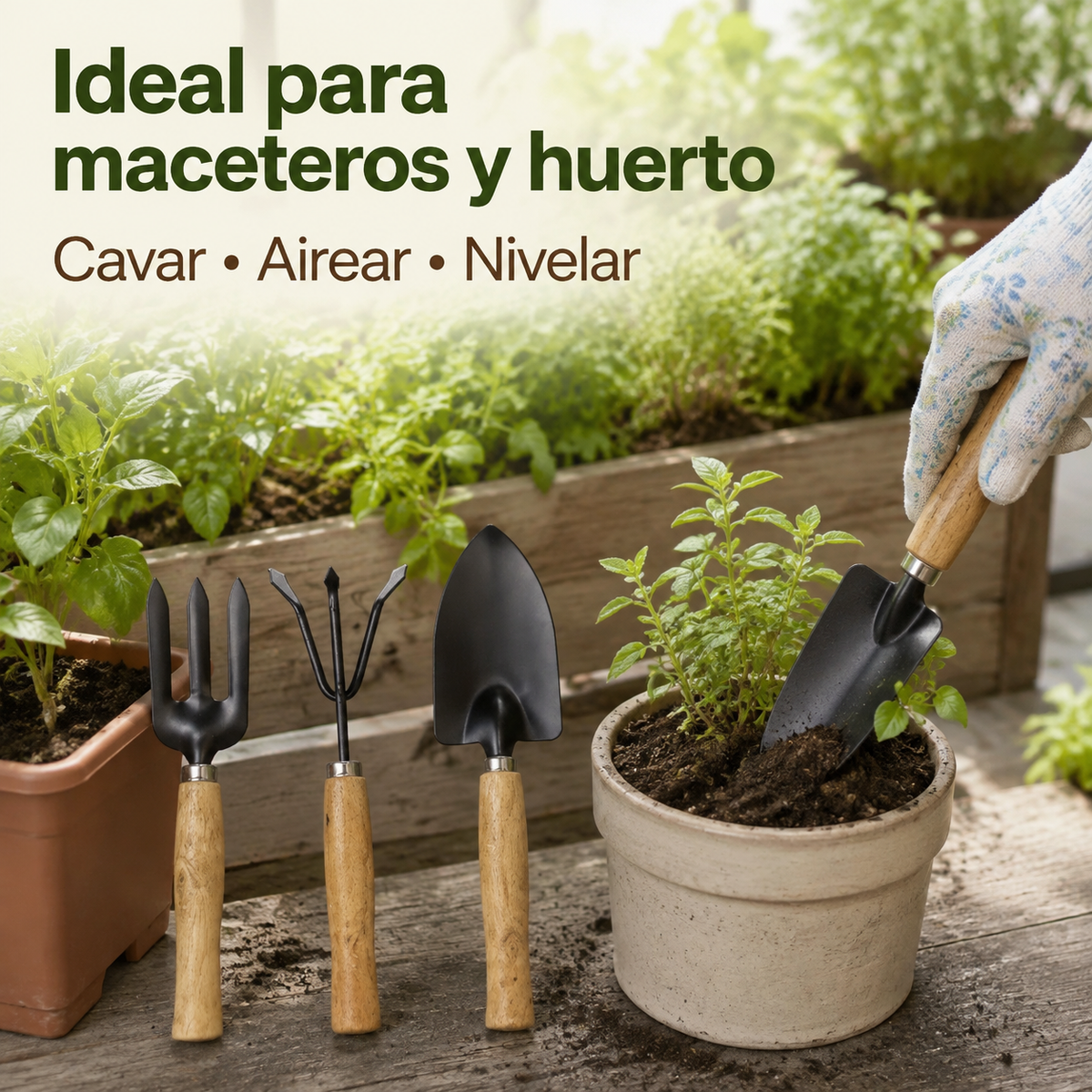 Set Herramientas Jardineria Pala Rastrillo Tridente