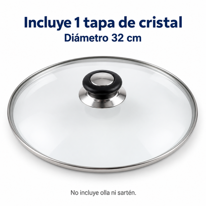 Tapa de Cristal 32 Cm para Sartén, Ollas Vidrio