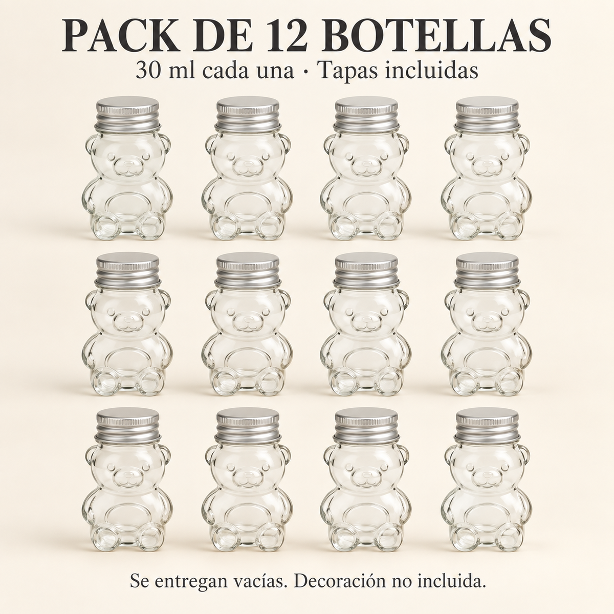 Pack 12 Botellas De Vidrio Osito 30 Ml Con Tapa Roscada