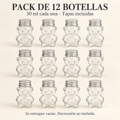 Pack 12 Botellas De Vidrio Osito 30 Ml Con Tapa Roscada