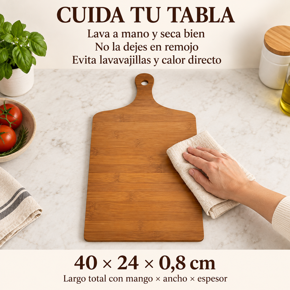 Tabla Picar y Cortar Cocina Madera Bambú 40cm Lisa Marrón