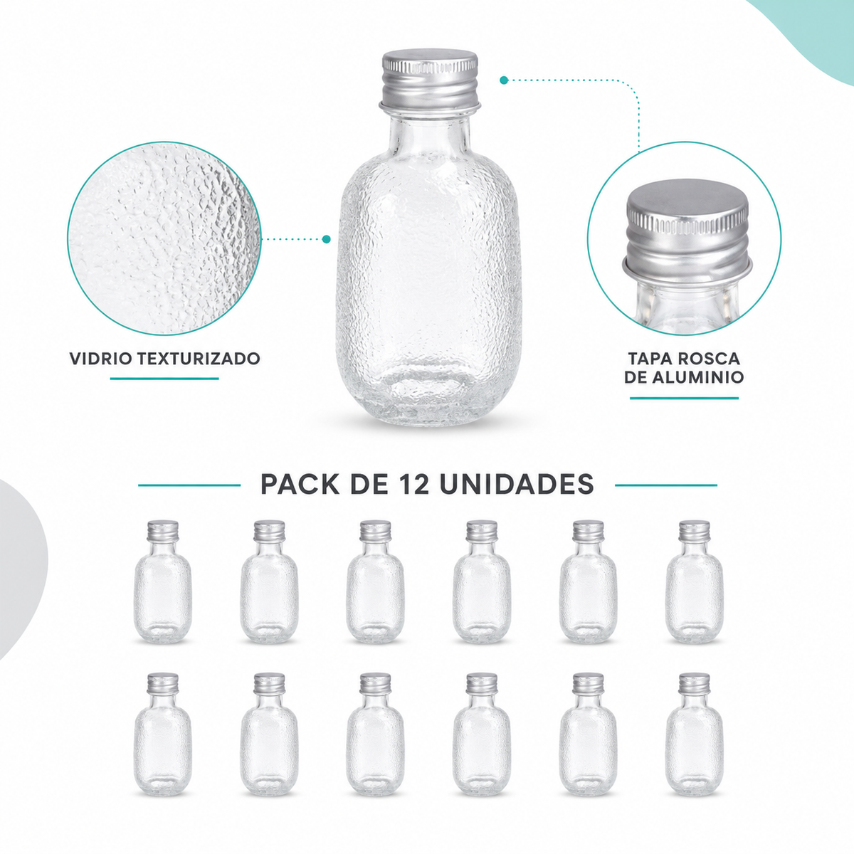 Pack 12 Botellas de Vidrio 50ml Tapa Aluminio Vidrio