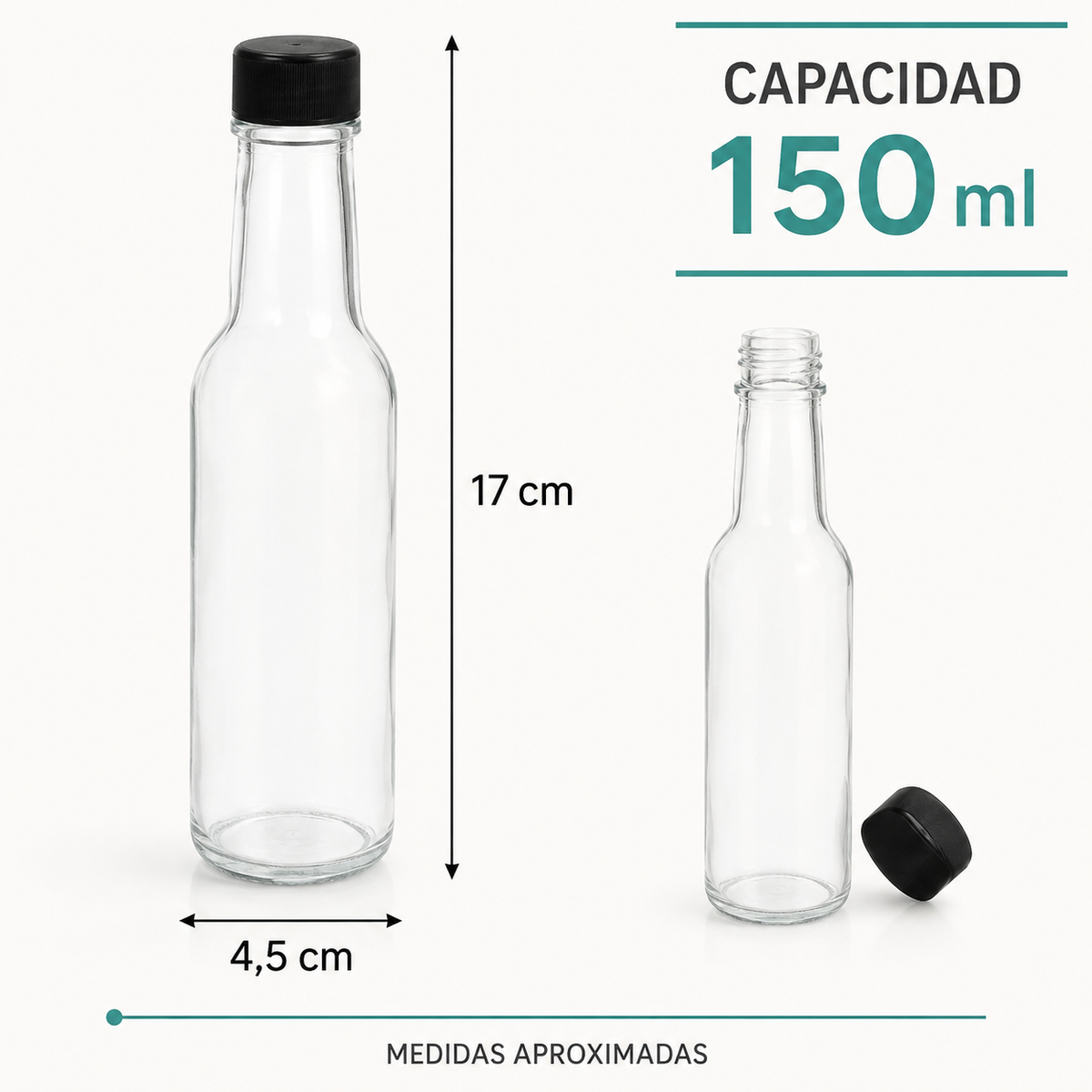Pack 4 Botellas de Vidrio 150ml para Salsa, Esencias Vidrio