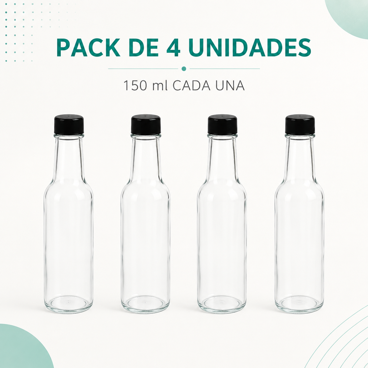 Pack 4 Botellas de Vidrio 150ml para Salsa, Esencias Vidrio