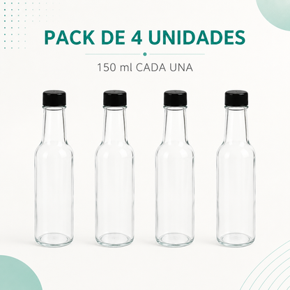 Pack 4 Botellas de Vidrio 150ml para Salsa, Esencias Vidrio