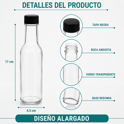 Pack 4 Botellas de Vidrio 150ml para Salsa, Esencias Vidrio