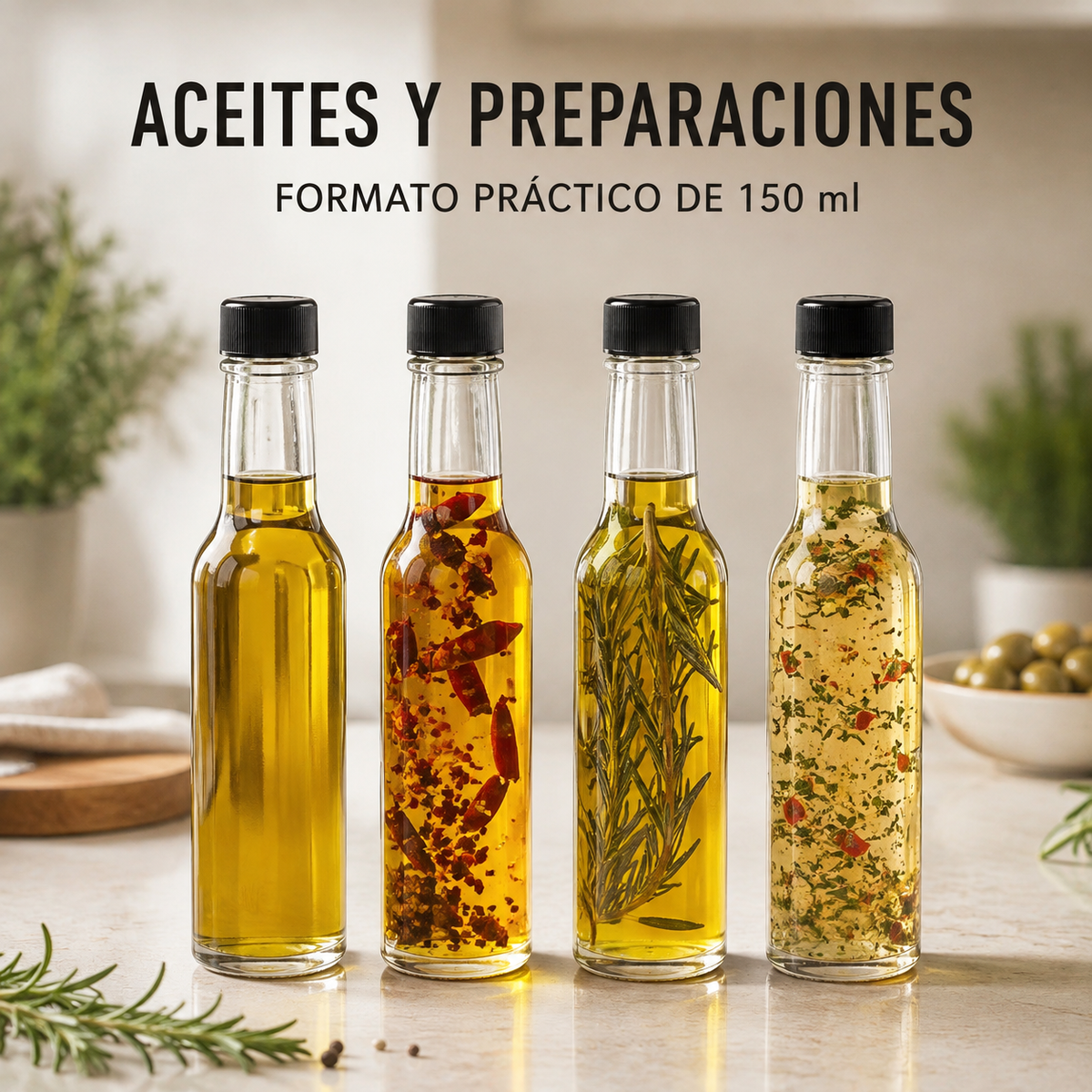 Pack 4 Botellas de Vidrio 150ml para Salsa, Esencias Vidrio