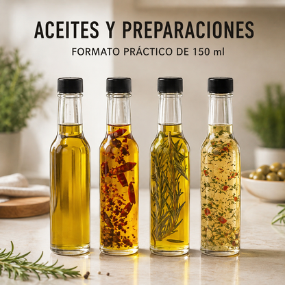 Pack 4 Botellas de Vidrio 150ml para Salsa, Esencias Vidrio