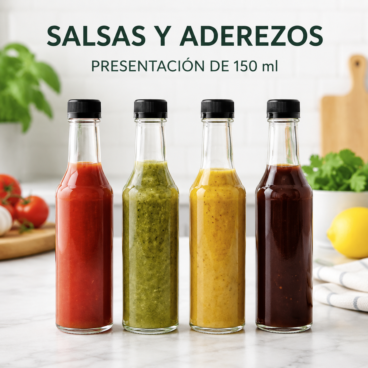 Pack 4 Botellas de Vidrio 150ml para Salsa, Esencias Vidrio