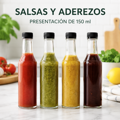 Pack 4 Botellas de Vidrio 150ml para Salsa, Esencias Vidrio