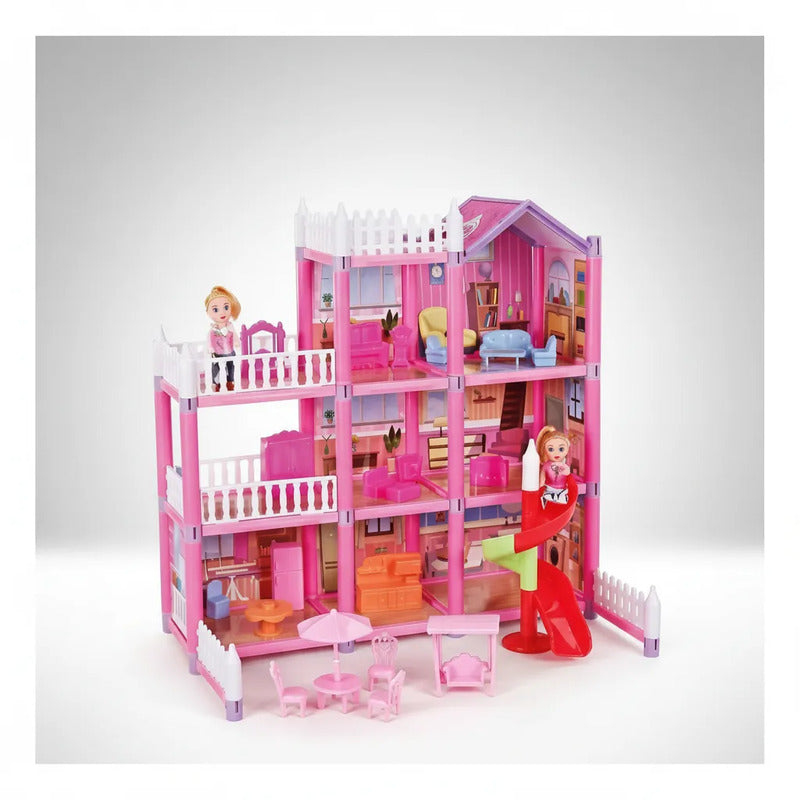 Casa De Muñecas 3 Pisos Con Accesorios Niña Rosado Rosa
