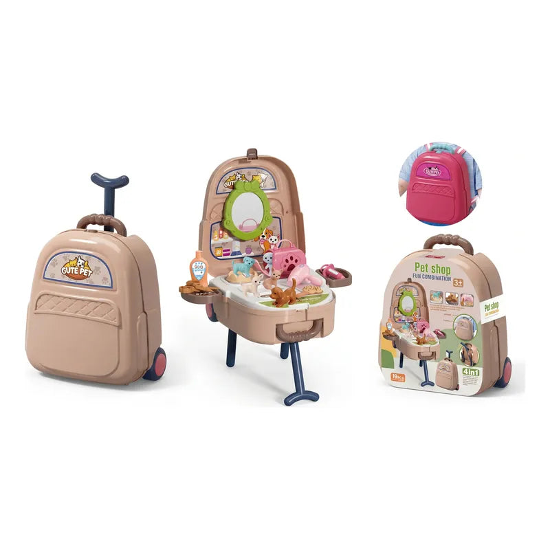 Set Veterinaria Infantil 4 En 1 Tipo Maleta Con Ruedas Rosa