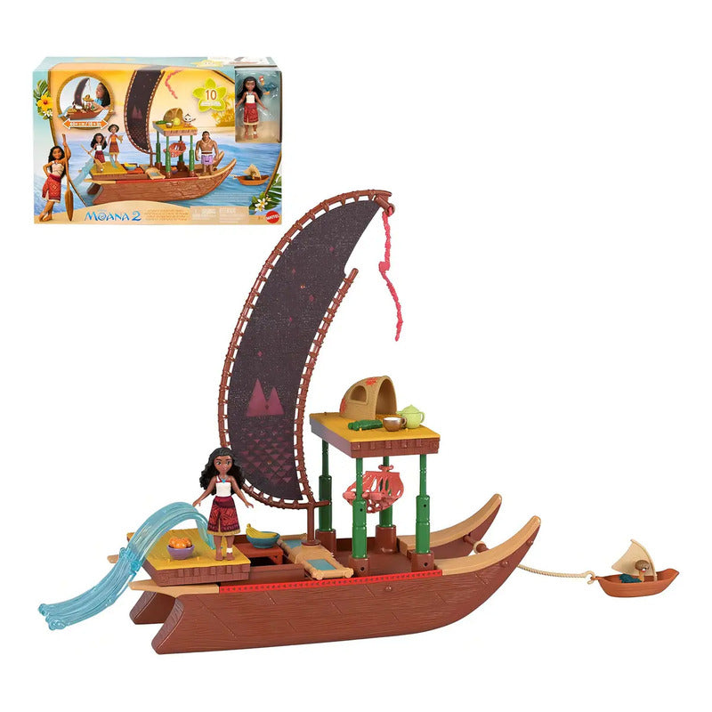 Canoa De Aventura Moana Mattel 60 Cm Con Muñeca Y Marrón