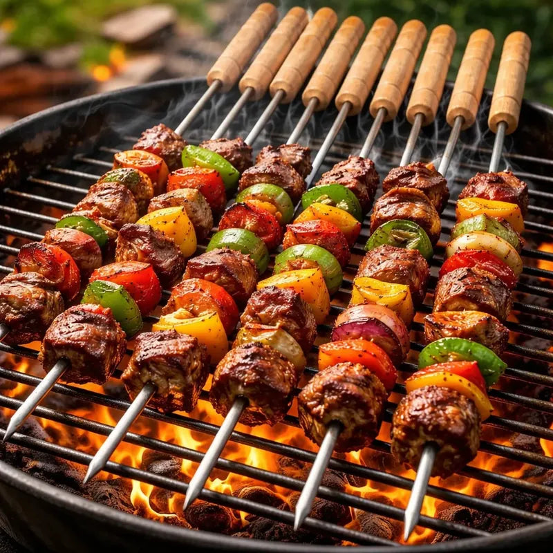 Set 12 Brochetas Anticucho 30 Cm, Metálico Y Madera Plateado