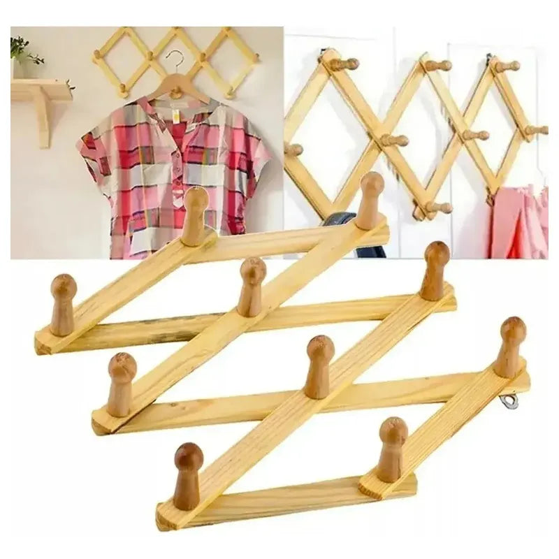 Perchero Madera Acordeón Plegable 10 Ganchos Ajustable Pared Marrón