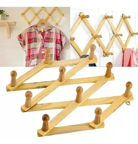 Perchero Madera Acordeón Plegable 10 Ganchos Ajustable Pared Marrón