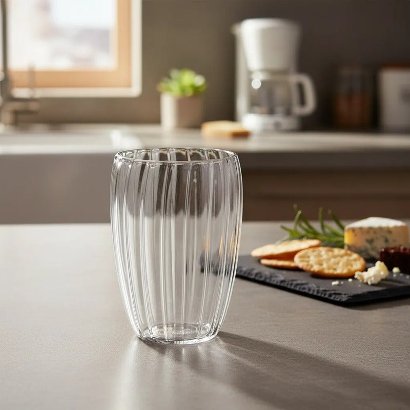 Pack 4 Vasos De Vidrio Doble Pared 450 Ml - Diseño Rayado Vidrio