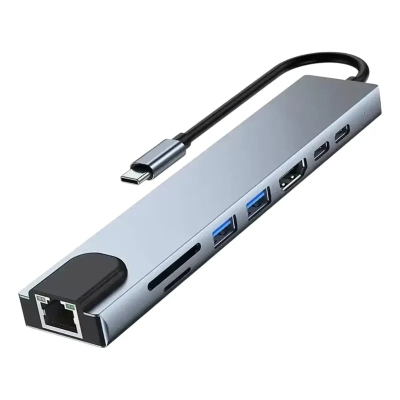 Adaptador Hub 8 En 1usb Dual Usb C A Hdmi, Tarjeta Sd/tf Usb Gris