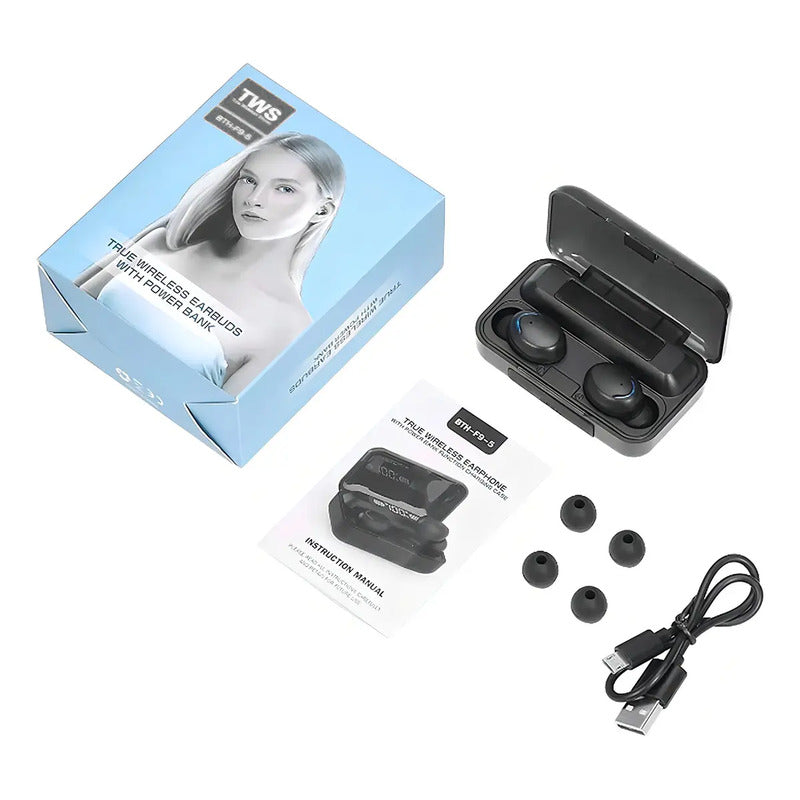 Audífonos Inalámbricos Bluetooth F9 Negro Luz Led In-ear Luz Azul Marino