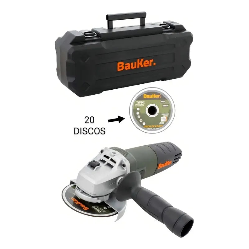 Esmeril Angular Bauker 4 1/2'' 820w 20 Discos + Maletín 50hz