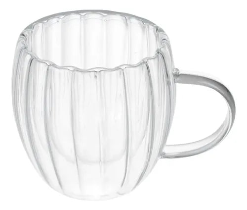 Pack 4 Vasos De Vidrio Doble Pared Rayado 150 Ml Con Asa Vidrio Liso