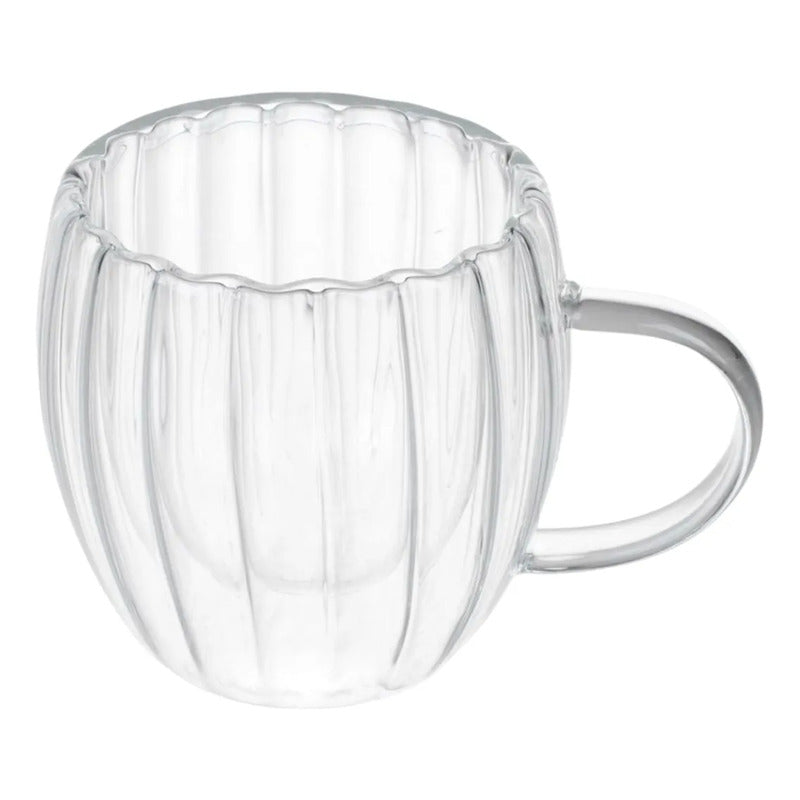 Pack 4 Vasos De Vidrio Doble Pared Rayado 250 Ml Con Asa Vidrio
