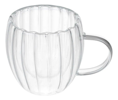Pack 4 Vasos De Vidrio Doble Pared Rayado 250 Ml Con Asa Vidrio