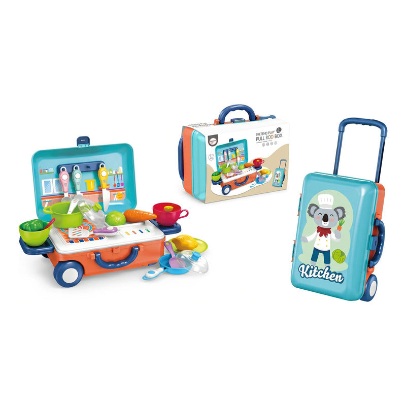 Set De Cocina Infantil, Maleta Con Rueda Para Niño Azul Acero