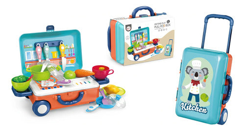 Set De Cocina Infantil, Maleta Con Rueda Para Niño Azul Acero