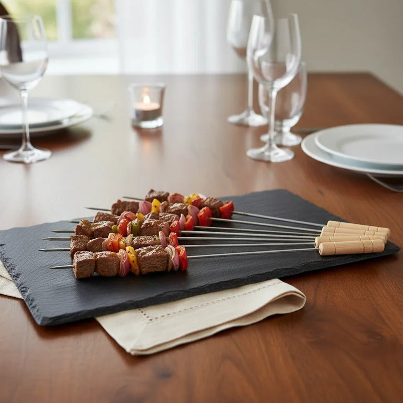 Set 12 Brochetas Anticucho 30 Cm, Metálico Y Madera Plateado