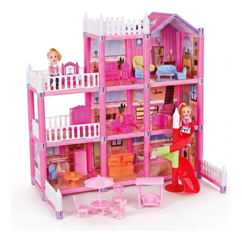 Casa De Muñecas 3 Pisos Con Accesorios Niña Rosado Rosa