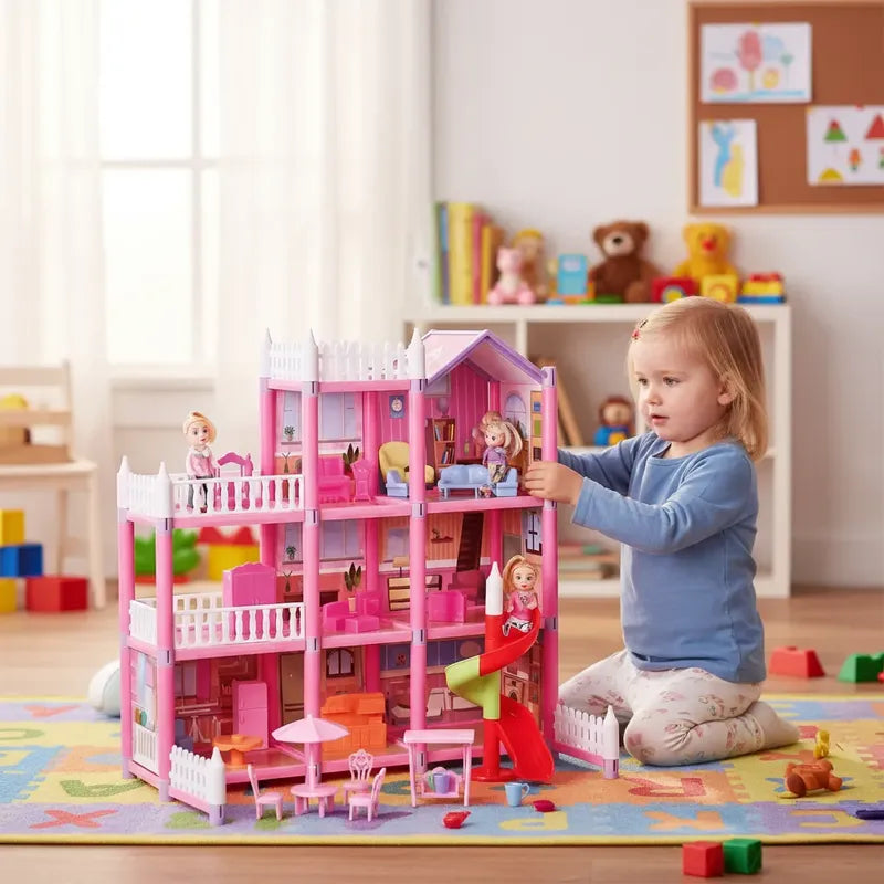 Casa De Muñecas 3 Pisos Con Accesorios Niña Rosado Rosa