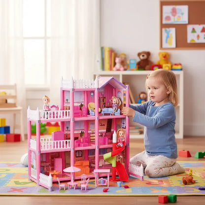 Casa De Muñecas 3 Pisos Con Accesorios Niña Rosado Rosa