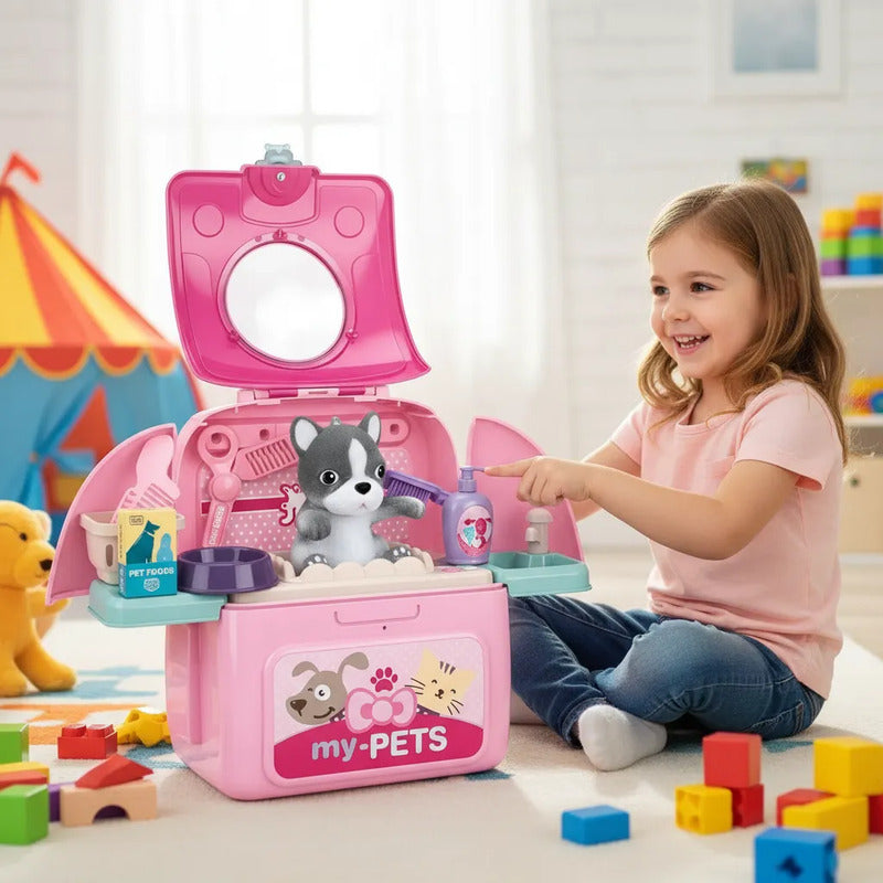 Juguete Set Mochila De Veterinario Mascotas Para Niños Rosa Chicle