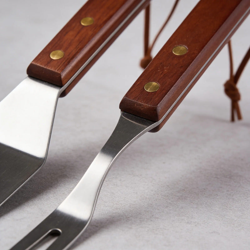 Set Parrillero Espátula Tenedor Acero Bbq Asado