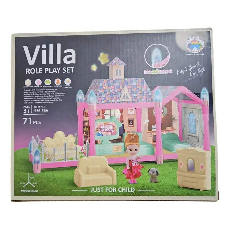 Casa De Muñecas Armable 71 Piezas Villa Role Play Set Rosa