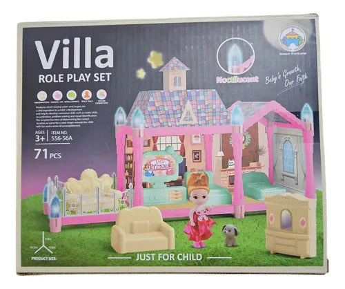 Casa De Muñecas Armable 71 Piezas Villa Role Play Set Rosa