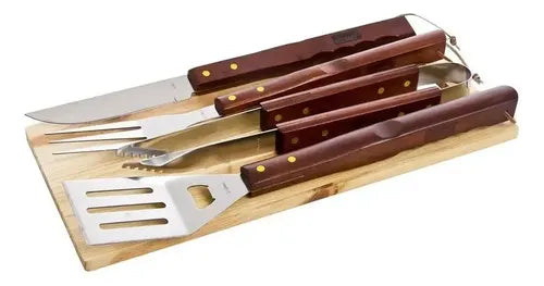 Kit De Herramientas Para Asado 4 Piezas Con Tabla